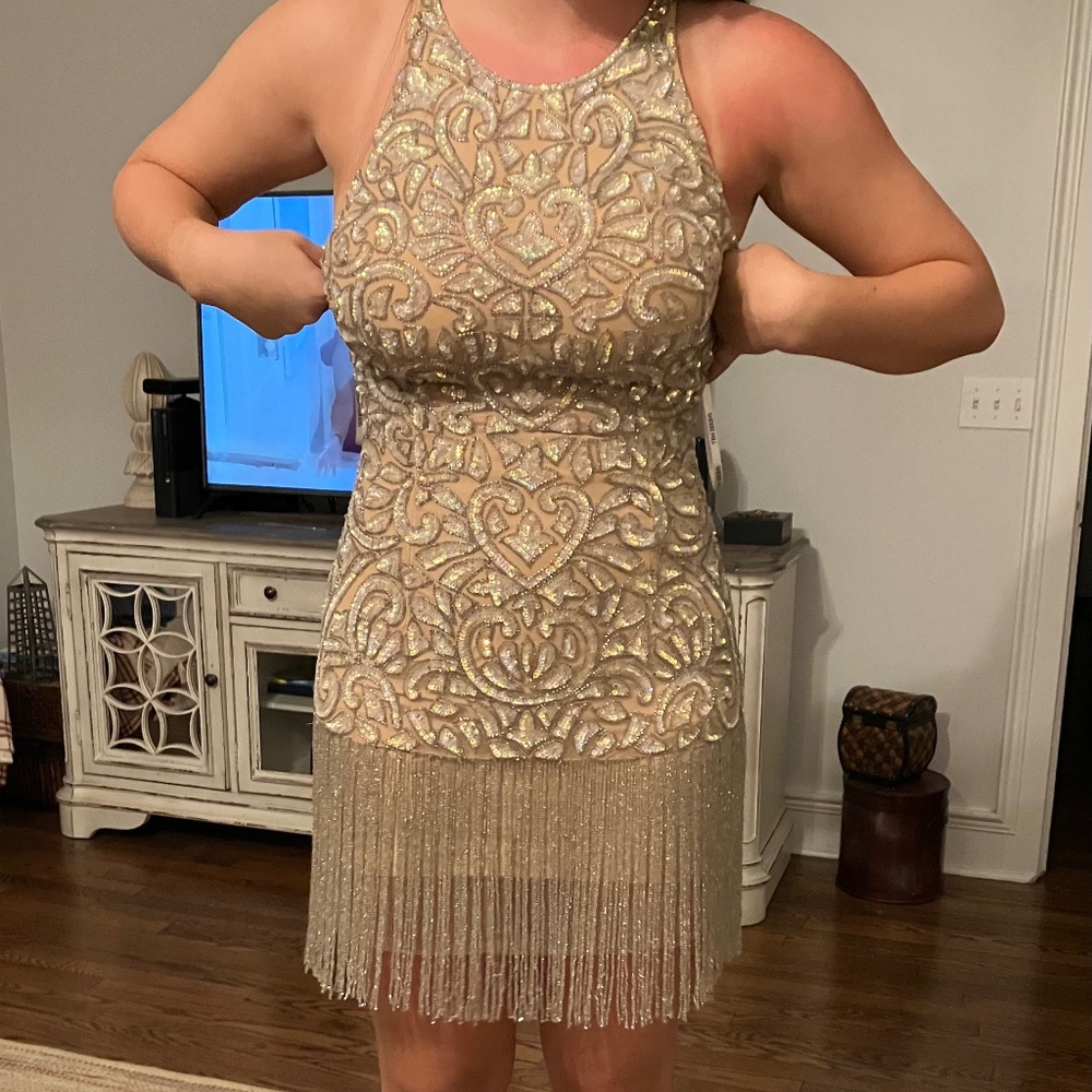 Sherry Hill Beaded Dress, nude gold , fringe hem, back accent